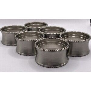 Set of 6 Silver Toned Beaded Decorative Edge Metal Napkin Rings Unbranded